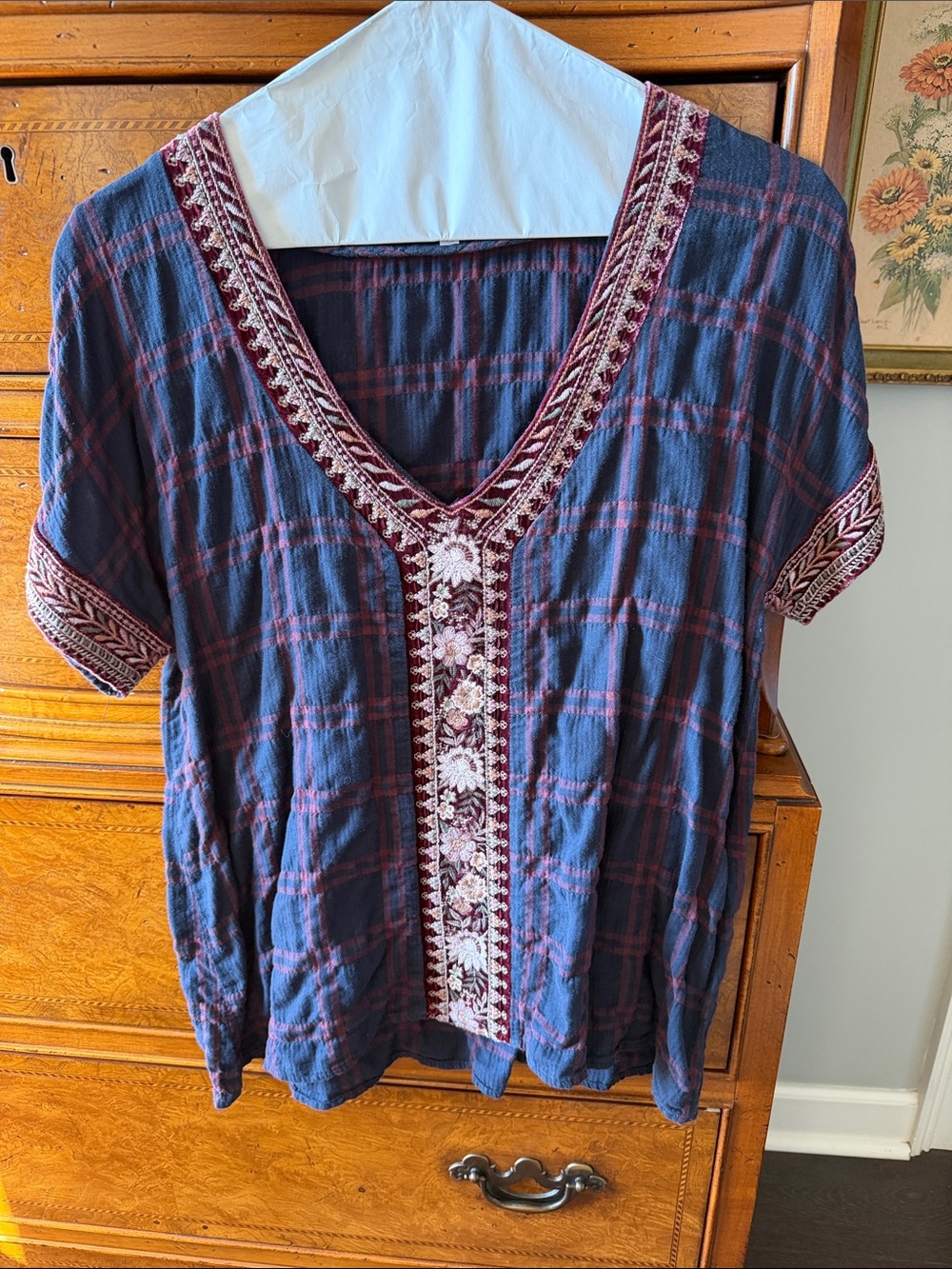 Johnny Was Navy Plaid Embroidered V‑Neck Tunic with Burgundy Trim